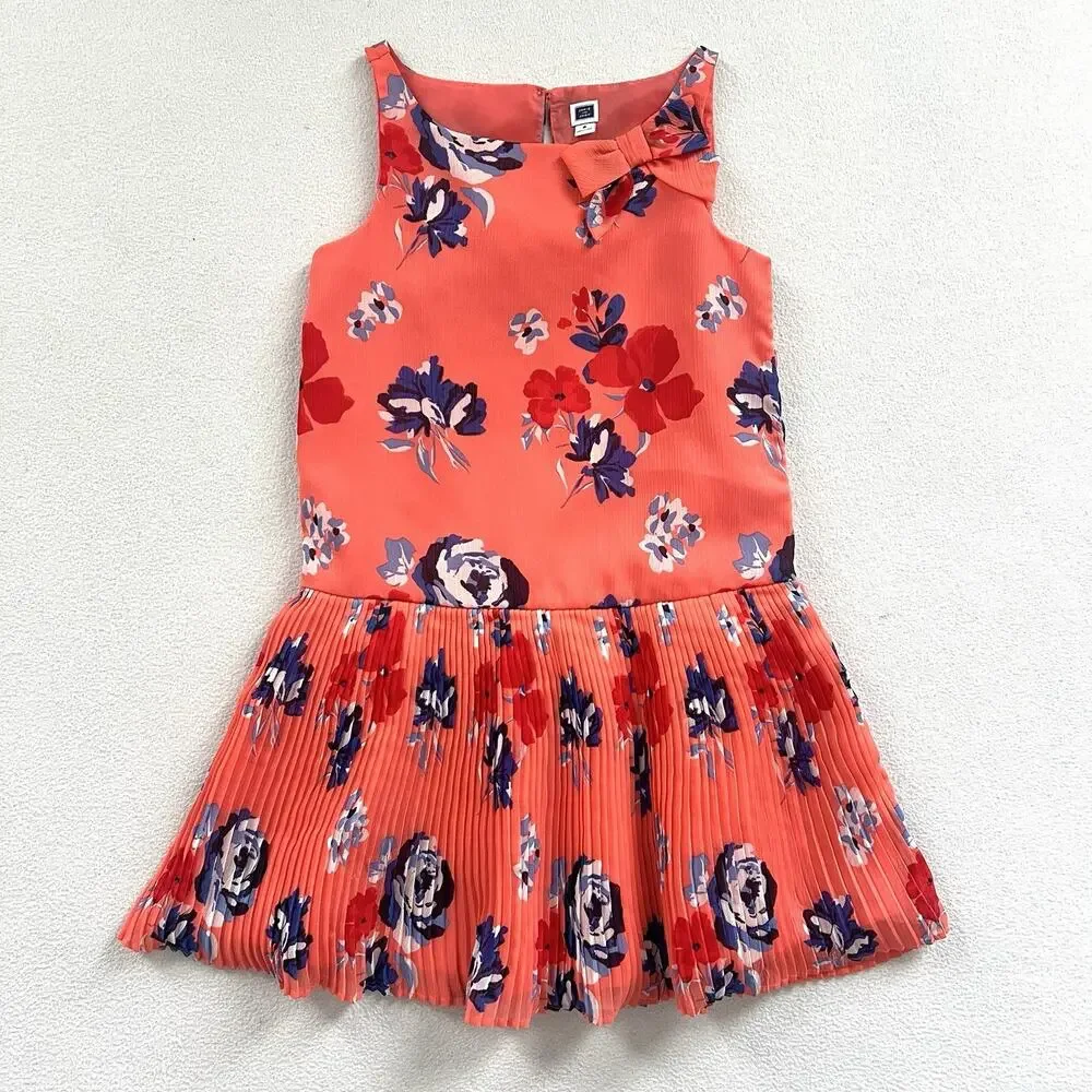 Janie And Jack Girl Vivid Coral Floral Print Chiffon Pleated Sleeveless Dress 6